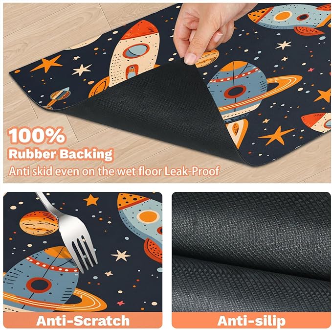 Rocket Dog Food Mat for Floors Absorbent, Quick Dry Water Dispenser Mat for Food, Water, Pet Supplies 24" x 32", Outer Space