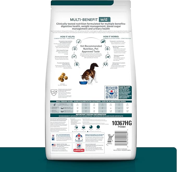 Hill's Prescription Diet w/d Multi-Benefit Digestive/Weight/Glucose/Urinary Management Chicken Flavor Dry Cat Food, Veterinary Diet, 17.6 lb. Bag