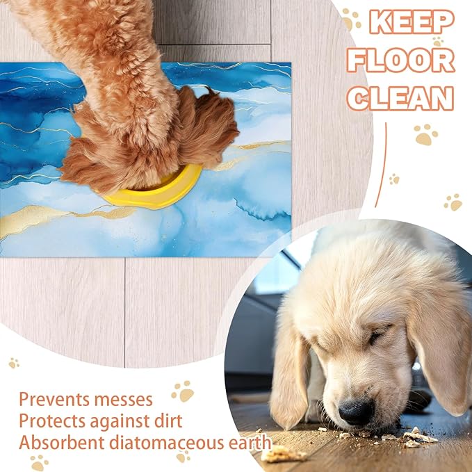 Marble Dog Food Mat for Floors Absorbent, Quick Dry Water Dispenser Mat for Food, Water, Pet Supplies 17" x 30", Blue Gold Marble