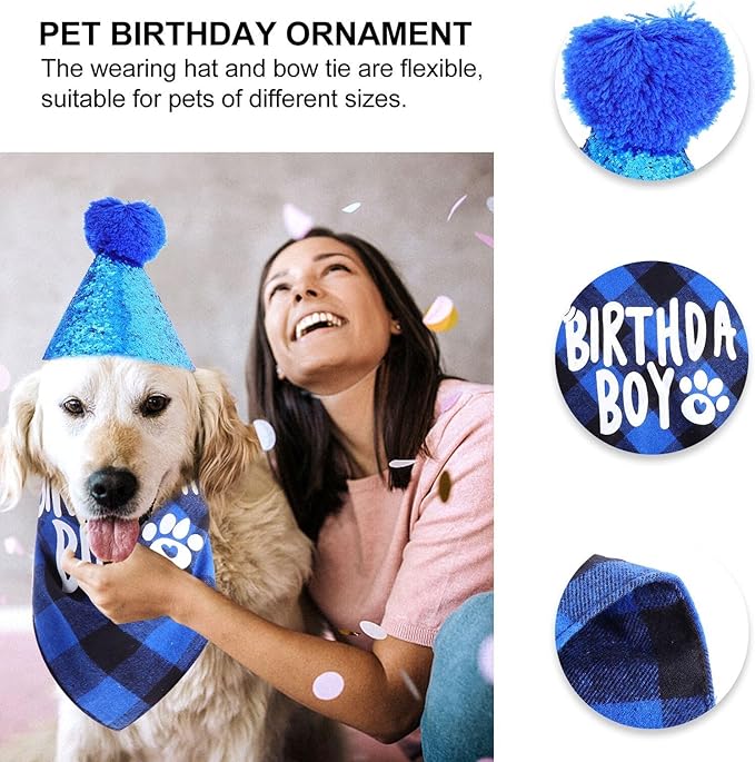Beavorty Dog Birthday Bandana and Party Hat Set, Blue Cotton Pet Birthday Costume Accessories for Puppy Celebration and Dog Party Supplies