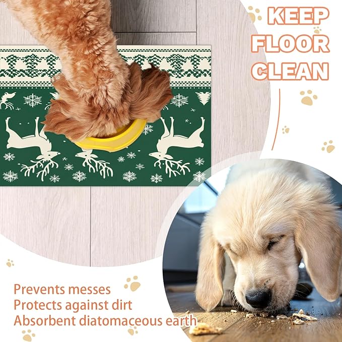 Xmas Deer Dog Food Mat for Floors Absorbent, Quick Dry Water Dispenser Mat for Food, Water, Pet Supplies 24" x 32", Snowflake Tree