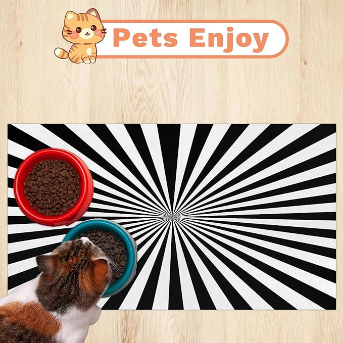 Striped Dog Food Mat for Floors Absorbent, Quick Dry Water Dispenser Mat for Food, Water, Pet Supplies 24" x 32", White Black