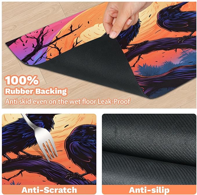 Halloween Raven Dog Food Mat for Floors Absorbent, Quick Dry Water Dispenser Mat for Food, Water, Pet Supplies 12" x 20", Moon Night