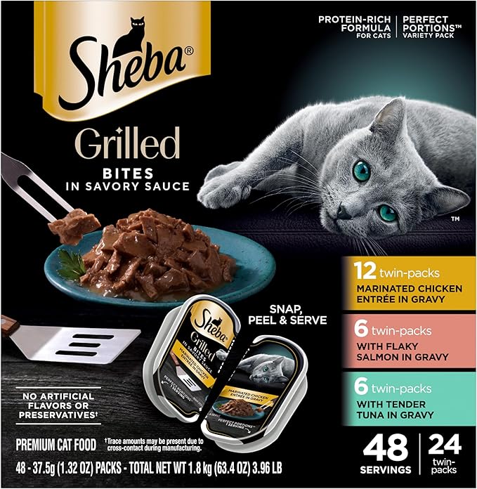 Sheba Perfect Portions Grilled in Savory Sauce Adult Wet Cat Food Marinated Chicken, Flaky Salmon, Tender Tuna, 2.64 oz. Twin-Pack Trays, 24 Count, 48 Servings