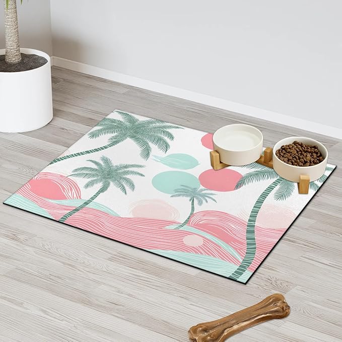 Palm Trees Dog Food Mat for Floors Absorbent, Quick Dry Water Dispenser Mat for Food, Water, Pet Supplies 24" x 32", Watercolor Sun