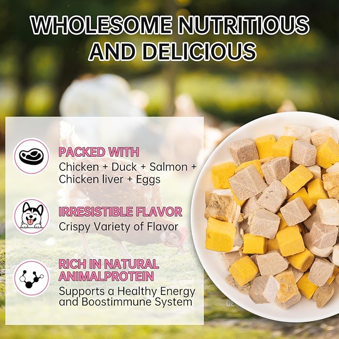 Freeze Dried 5in1 Meat Mix Dog Cat Treats - High Protein Chicken,Duck,Salmon,Egg Yolk & Liver Natural Ingredients Pet Snacks,Grain-Free (5.3oz)