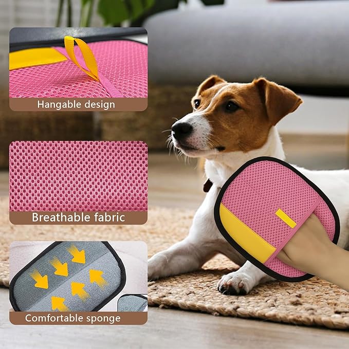 2pcs Set Pet Hair Remover Glove, Grooming Gloves for Dogs and Cats,Reusable Cat & Dog Hair Remover for Couch Furniture+Free Comb (Pink)