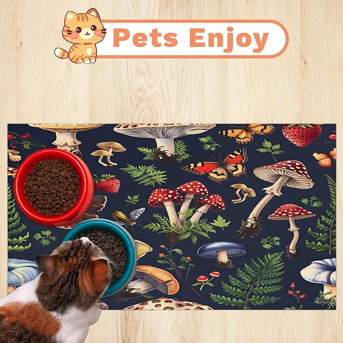 Autumn Mushrooms Dog Food Mat for Floors Absorbent Dog Bowl Mat for Food and Water Dispenser Quick Dry Cat Food Placemat Pet Supplies 12" x 20", Boho Leaves