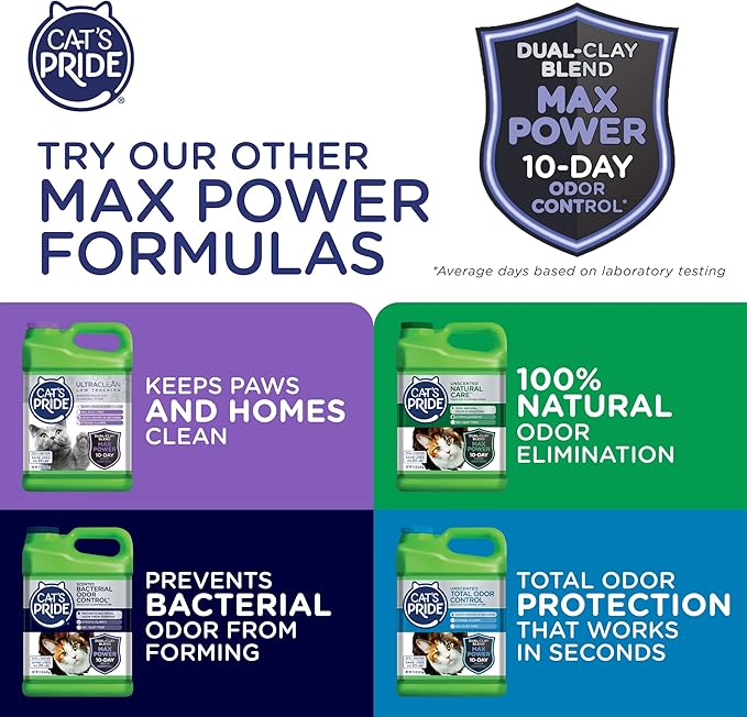 Cat's Pride Max Power: Bacterial Odor Control - Up to 10 Days of Powerful Odor Control - Strong Clumping - 99% Dust Free - Multi-Cat Litter, Scented, 15 Pounds