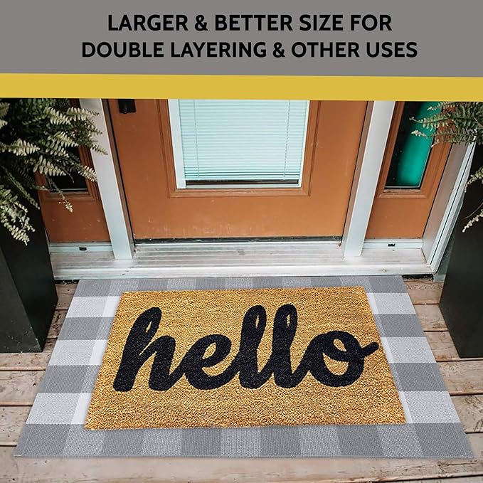 KOZYFLY Buffalo Plaid Rug 27.5x43 Inches Grey and White Outdoor Rugs Hand Woven Cotton Washable Indoor Buffalo Check Rug Layered Doormats for Front Door/Front Porch/Farmhouse/Entryway/Patio