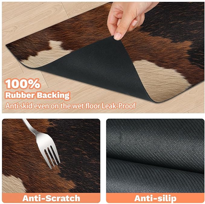 Cow Print Dog Food Mat for Floors Absorbent Dog Bowl Mat for Food and Water Dispenser Quick Dry Cat Food Placemat Pet Supplies 24" x 32", Farm Skin