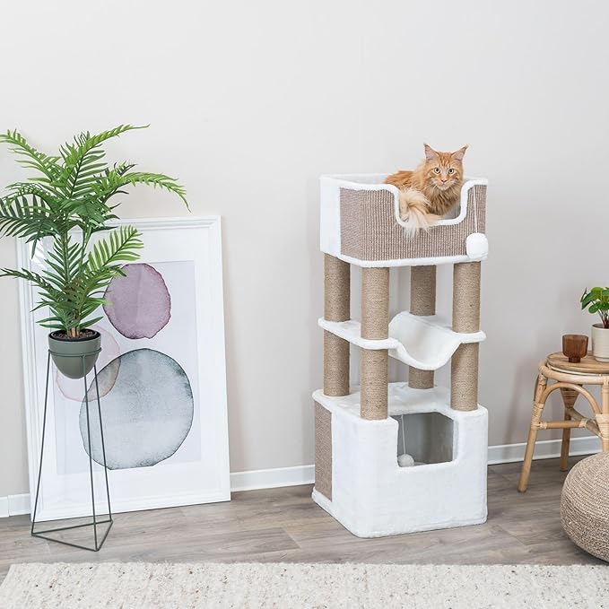 TRIXIE Lucano XXL Cat Tree, 43.3 -in Cat Tower with 8 Jute Scratching Posts, Hammock & Plush & Sisal Covered Condo, Sturdy Base, Interactive Pom-Poms, Indoor Furniture for Climbing & Relaxation, Brown