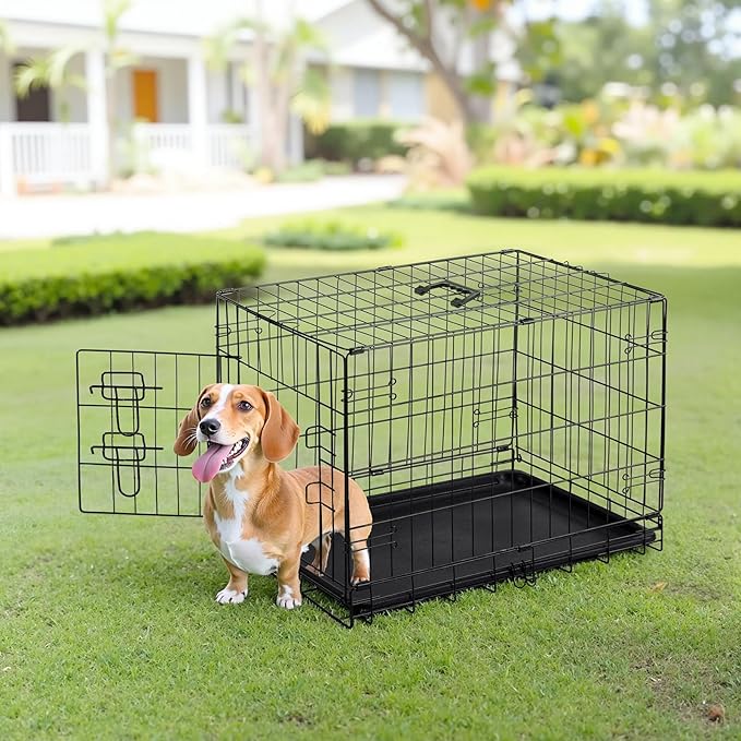 Sweetcrispy 24 Inch Single Door Dog Crate, Metal Pet Kennel with Secure Lock, Foldable Design, Removable Tray for Easy Cleaning, Portable Puppy Cage for Small Dogs, Ideal for Training & Travel
