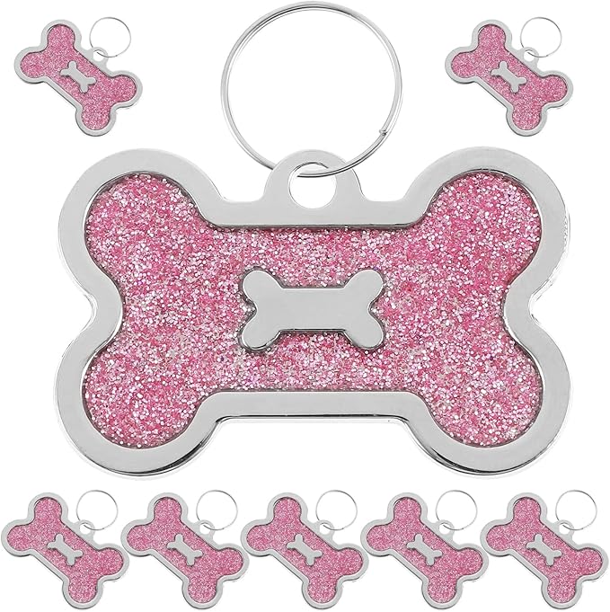 Toyvian 8pcs Bone-Shaped Pet Identity Tags for Dog Collar, Zinc Alloy Sturdy Name Tags, Anti-Lost Pink 40x25mm, Decorative Accessories for Puppy and Cat Supplies