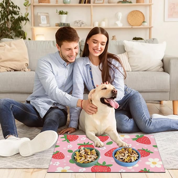 Red Strawberry Dog Food Mat for Floors Absorbent Dog Bowl Mat for Food and Water Dispenser Quick Dry Cat Food Placemat Pet Supplies 16" x 24", Cute Flower