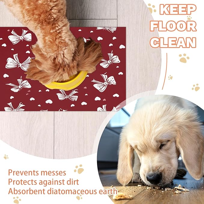 Christmas Bow Dog Food Mat for Floors Absorbent, Quick Dry Water Dispenser Mat for Food, Water, Pet Supplies 24" x 32", Cute Love