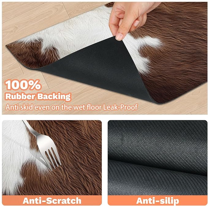 Cow Fur Dog Food Mat for Floors Absorbent Dog Bowl Mat for Food and Water Dispenser Quick Dry Cat Food Placemat Pet Supplies 12" x 20", Cow Print