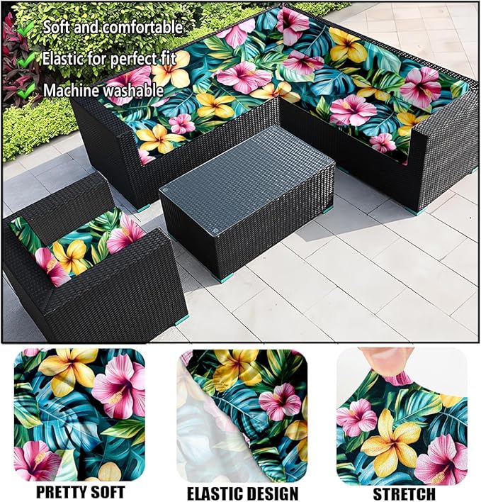 HANDONTIME 8Pcs Outdoor Patio Cushion Covers Multi Floral Stretch Couch Cushion Cover Patio Couch Slipcover for Outdoor/Indoor Washable Jungle Non-Slip Furniture Protector for Pet (Multi, Cover Only)