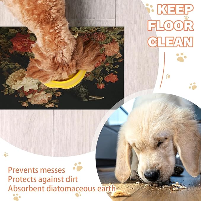 Halloween Raven Dog Food Mat for Floors Absorbent, Quick Dry Water Dispenser Mat for Food, Water, Pet Supplies 12" x 20", Skull Floral