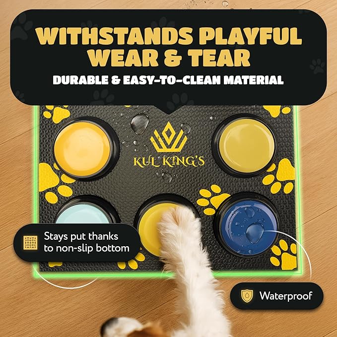 KUL KING'S Waterproof & Non-Slip Dog Command Buttons - 8 Recordable Buttons with Special Training Mat & Guide, Batteries, Stickers - Talking Dog Buttons for Communication