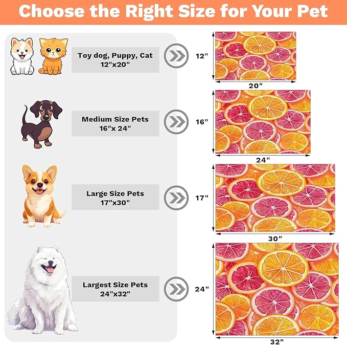 Lemon Fruit Dog Food Mat for Floors Absorbent Dog Bowl Mat for Food and Water Dispenser Quick Dry Cat Food Placemat Pet Supplies 24" x 32", Orange