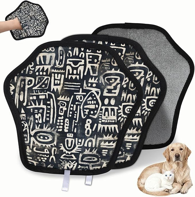 Reusable Pet Hair Removal Glove Abstract Ethnic Pattern Magic Brush for Cat & Dog Hair Remover for Car, Sofa, Bedding, Clothes - 9x9 Mitt Washable