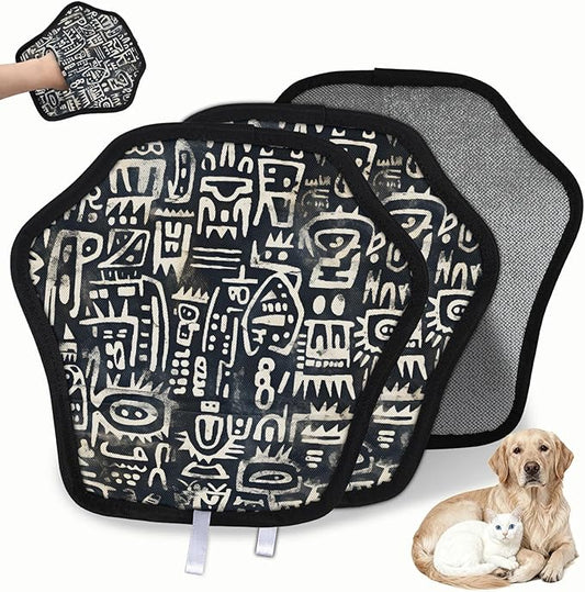 Reusable Pet Hair Removal Glove Abstract Ethnic Pattern Magic Brush for Cat & Dog Hair Remover for Car, Sofa, Bedding, Clothes - 9x9 Mitt Washable