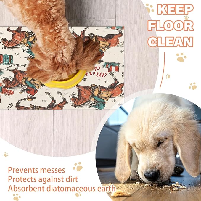 Western Cowboy Dog Food Mat for Floors Absorbent, Quick Dry Water Dispenser Mat for Food, Water, Pet Supplies 12" x 20", Merry Christmas
