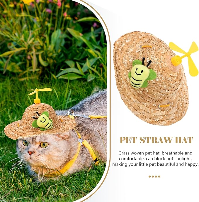 Pet Straw Hat with Rotor Photo Props Cute Woven Straw Cap for Dogs Sun Protection Funny Pet Supplies for Outdoor and Home Use
