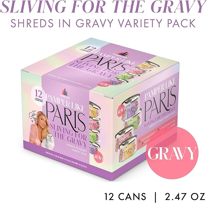 Weruva Paris Hilton Pamper Like Paris Natural Grain Free Wet Cat Food, Sliving for The Gravy Variety Pack, 2.47oz Can (Pack of 12)