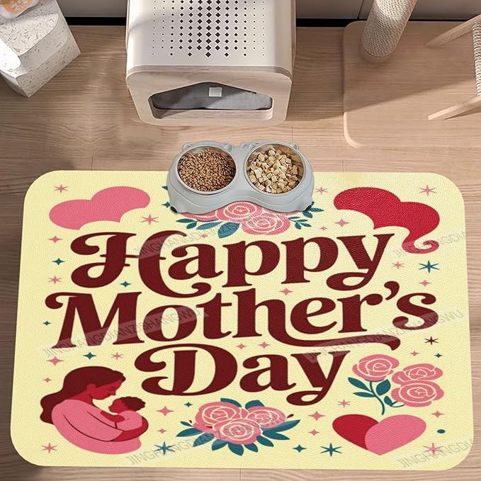 Dog Food Mat for Floors Absorbent Quick Drying Happy Mother's Day Floral Gift for Mom Ef Pet Cat Food Mat Easy-to-Clean Pet Feeding Mats Dog Bowl Mats 18X12In