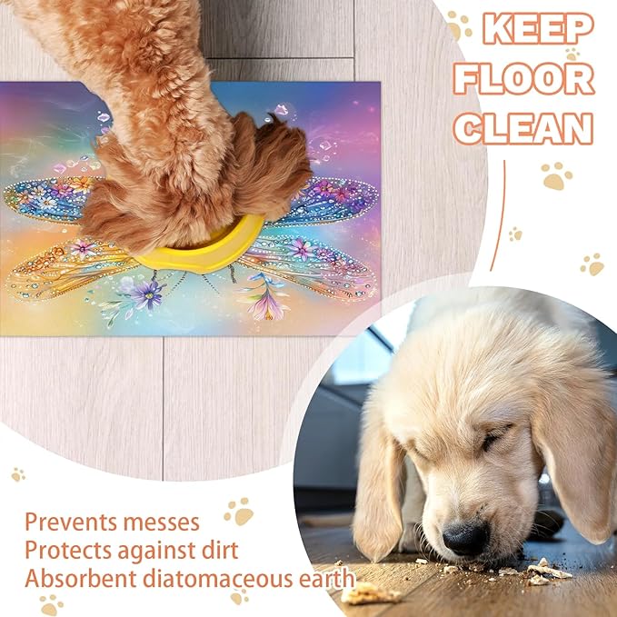 Dragonfly Dog Food Mat for Floors Absorbent, Quick Dry Water Dispenser Mat for Food, Water, Pet Supplies 17" x 30", Floral