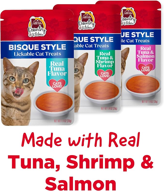 Country Kitchen, Bisque Style Lickable Cat Treats, 3 Flavor Variety Pack, Made with Real Tuna, Shrimp and Salmon, 5 oz. Tubes, 12 Count