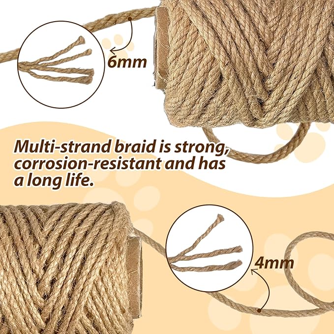 Natural Sisal Rope for Cat Scratcher,1/6 inch,164Ft,Natural Jute Rope for Cat Scratcher Repair and DIY Tree, Recovering, Hemp Twine Rope for Cat Scratching Post Tower Replacement with Chew Toy