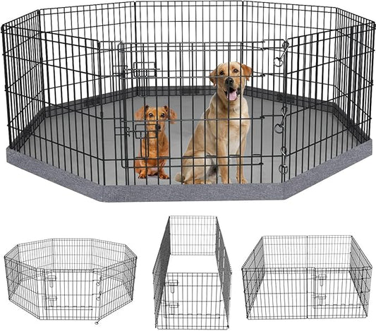 PETIME Foldable Metal Dog Exercise Pen/Pet Puppy Playpen Kennels Yard Fence Indoor/Outdoor 8 Panel 24" W x 24" H with Bottom Pad (with Bottom pad, 8 Panels 24" H)