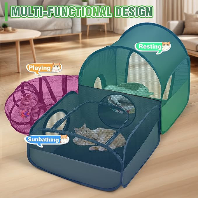 Portable Cat Playpen with Surround Tunnel, 2-Linked-Enclosed Areas, Ideal Cat Tent Outdoor or Cat Playpen for Indoor Cats Enclosed.Breathable Mesh Design for Indoor & Outdoor Use(Green)