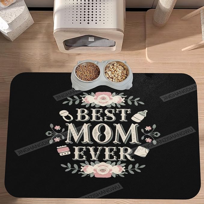 Pet Feeding Mat Happy Mother's Day Floral Gift Mom Bq Absorbent Pet Placemat for Food Water Bowl with Waterproof Rubber Backing 18X12In Quick Dry Water Dispenser Mat Dog Cat