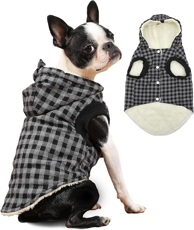 Fleece Lining Dog Hoodie for Small Dogs Extra Warm Plaid Sweater with Drawstring Hooded Coats in Winter Puppy Jacket,Black S