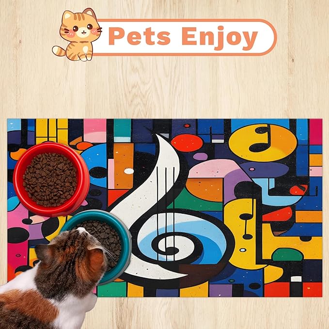 Music Dog Food Mat for Floors Absorbent Dog Bowl Mat for Food and Water Dispenser Quick Dry Cat Food Placemat Pet Supplies 24" x 32", Colorful Note