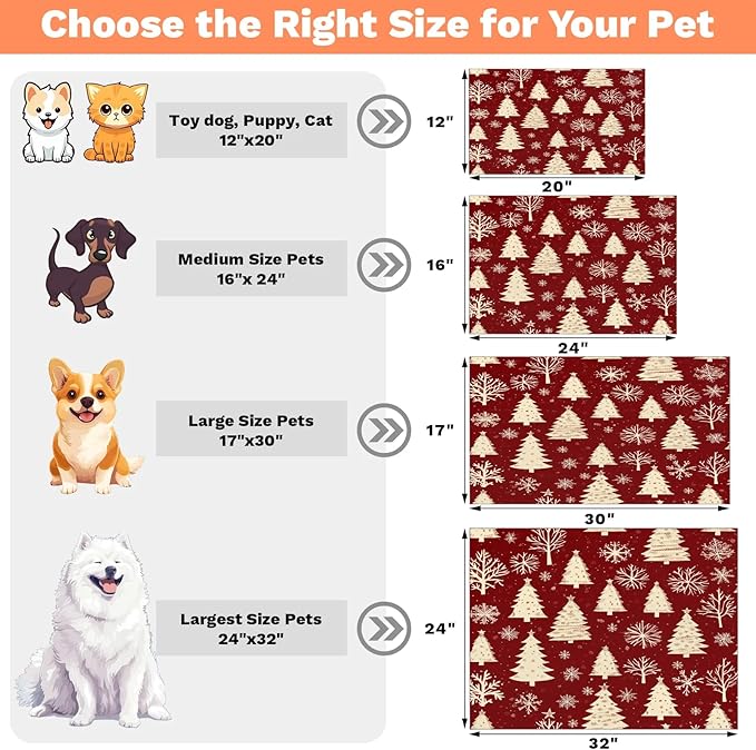 Xmas Tree Dog Food Mat for Floors Absorbent, Quick Dry Water Dispenser Mat for Food, Water, Pet Supplies 16" x 24", Christmas Snowflakes