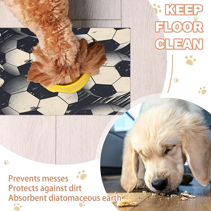 Soccer Dog Food Mat for Floors Absorbent, Quick Dry Water Dispenser Mat for Food, Water, Pet Supplies 24" x 32", Football