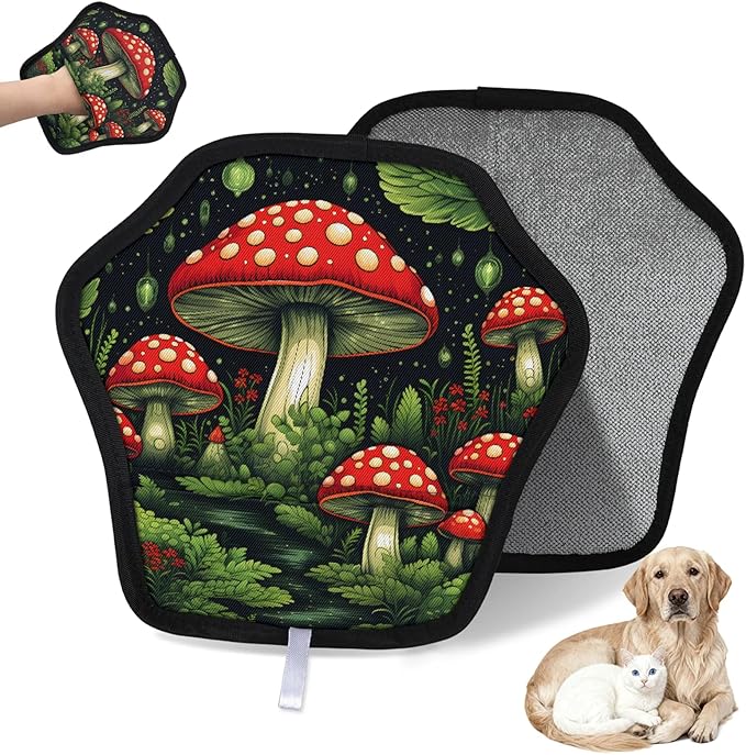 Reusable Pet Hair Removal Glove Mushroom Green Plants Magic Brush for Cat & Dog Hair Remover for Car, Sofa, Bedding, Clothes - 9x9 Mitt Washable