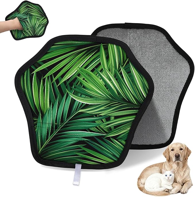 Reusable Pet Hair Removal Glove Green Palm Leaves Magic Brush for Cat & Dog Hair Remover for Car, Sofa, Bedding, Clothes - 9x9 Mitt Washable
