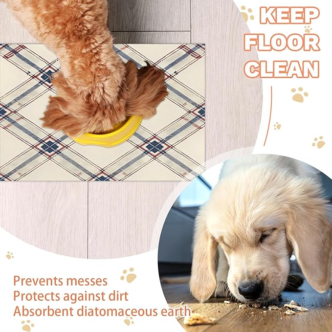 Buffalo Check Dog Food Mat for Floors Absorbent, Quick Dry Water Dispenser Mat for Food, Water, Pet Supplies 12" x 20", Plaid