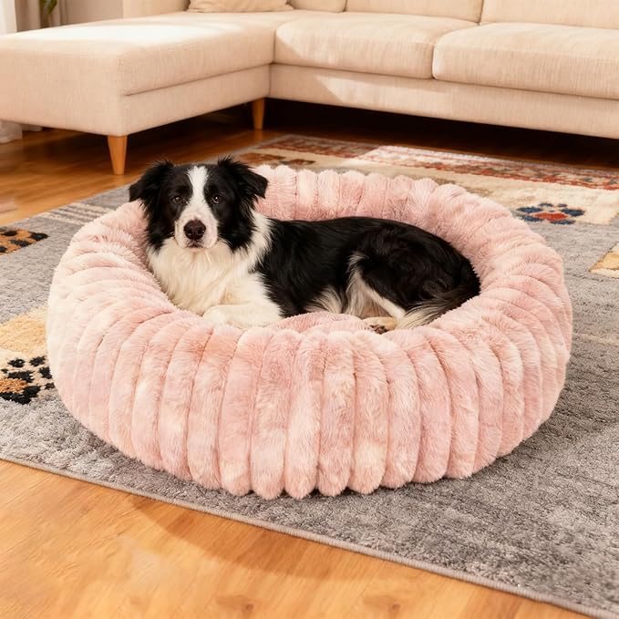 Washable Large Dog Bed,Calming Anti Anxiety Round Donut Dog Bed,Fluffy Puppy Beds for Small Dogs,Cute Kitten Cat Beds for Indoor Cats,Anti-Slip Comfort Pet Beds for Large Size(Pink,XL)
