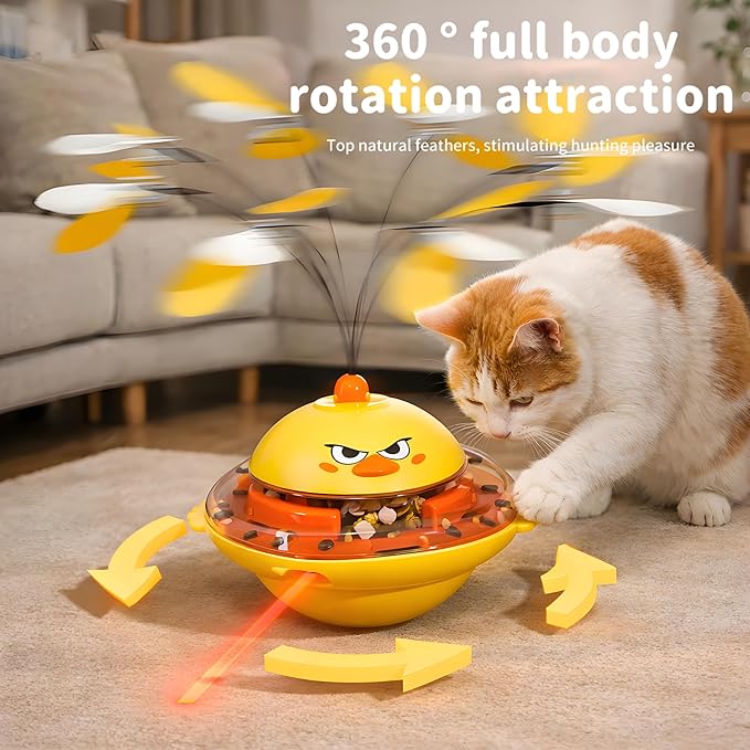 hooroor 4-in-1 Interactive Cat Toy for Indoor Cats: Automatic Laser Pointer, Feather Teaser, Treat Dispenser & Bird Chirp - USB-C Rechargeable Self-Balancing Toy to Relief Boredom & Anxiety