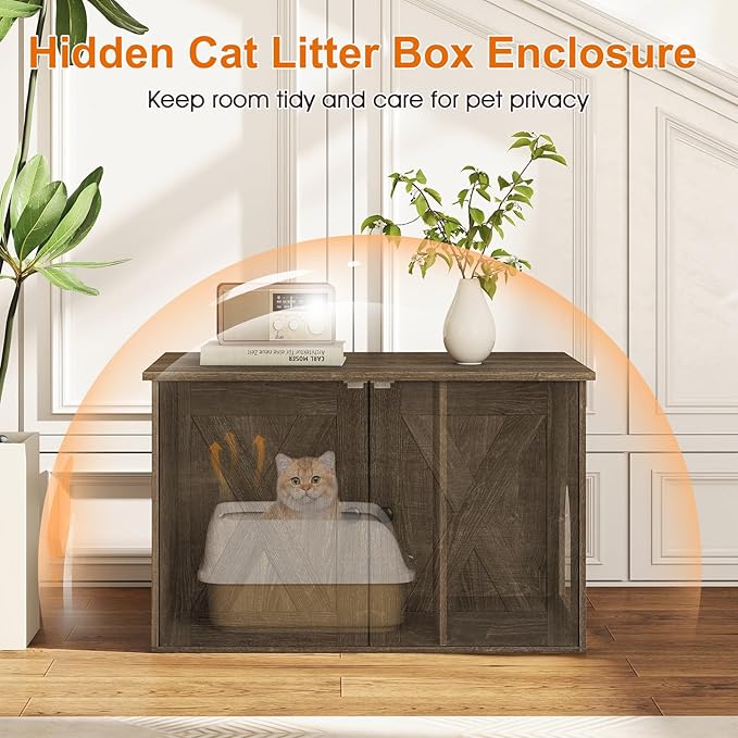 Tangkula Cat Litter Box Enclosure, Hidden Cat Washroom Cabinet with Double Doors, Divider, Side Entry, Indoor Wooden Cat House End Table, Enclosed Litter Box Furniture (Oak)