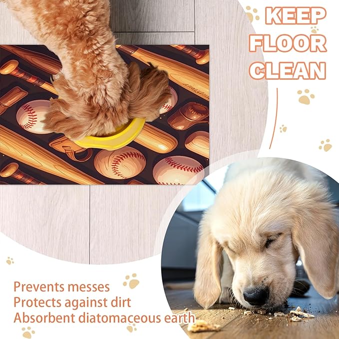 Vintage Baseball Dog Food Mat for Floors Absorbent, Quick Dry Water Dispenser Mat for Food, Water, Pet Supplies 12" x 20", Sport Theme