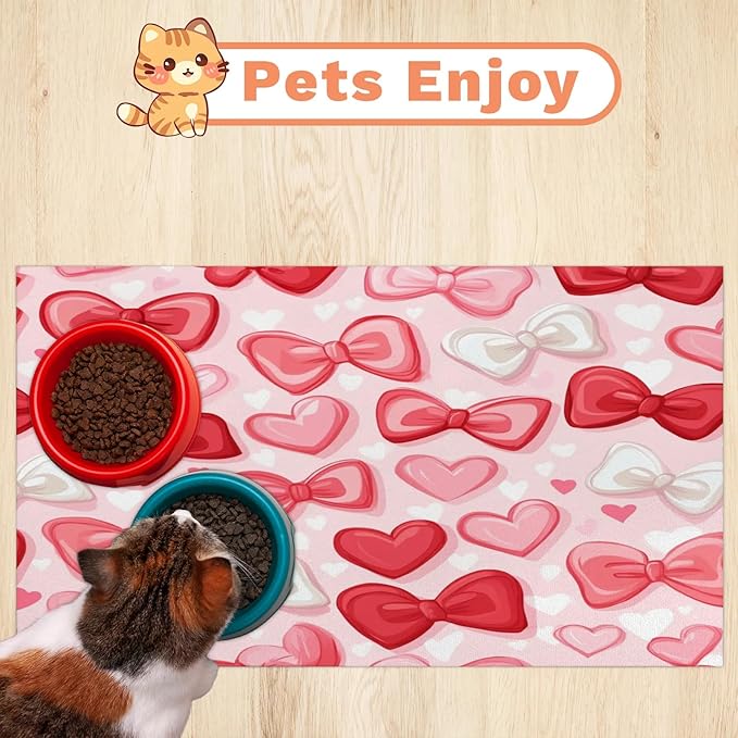 Cute Bow Dog Food Mat for Floors Absorbent, Quick Dry Water Dispenser Mat for Food, Water, Pet Supplies 16" x 24", Love