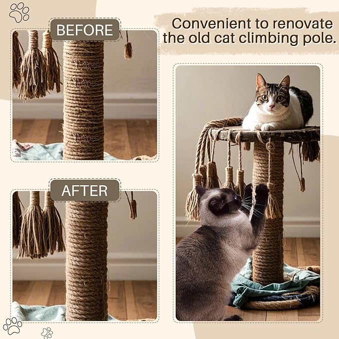 Sisal Rope for Cat Scratcher 1/4" 100 Ft Cat Tree Rope Twine for Repairing Cat Scratching Post Replacement DIY Hemp Rope for Carpet Mat Kicker House, Pet Toy, and Crafts Gardening Home Decorating